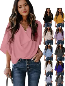 Women Casual Chiffon V-Neck Blouse Elegant Loose Flare Half Sleeve Top Solid Color Summer Pullover Shirt
