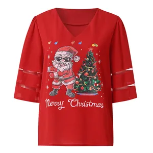 Festive red V-neck Christmas blouse featuring Santa Claus print and mesh flare sleeves