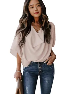 Elegant V-neck chiffon blouse for women, loose casual short sleeve shirt in beige