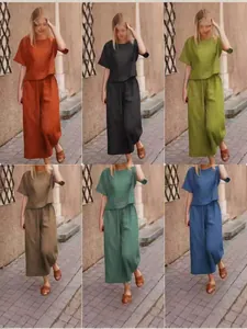 Women Casual Polyester Top And Bottom Short Sleeve Round Neck T-Shirt And Wide Leg Pants Solid Color Summer Loungewear Outfit