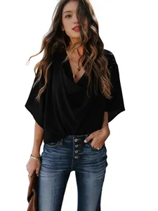Elegant black V-neck chiffon blouse for women with a loose fit and middle sleeve design