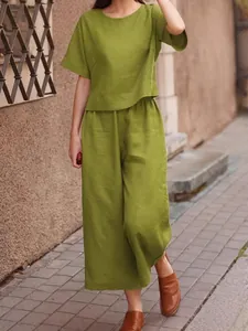 Two-piece olive green loose casual linen set for women, perfect for summer leisure walk
