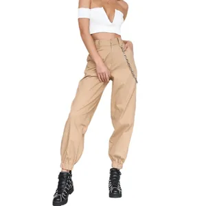 Kaki cargo broek voor dames met hoge taille, zilveren ketting en elastische manchetten