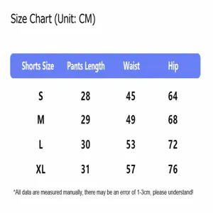 Detailed size chart for women's yoga sports shorts with measurements in centimeters