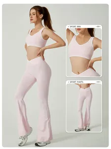 Detailed view of light pink crossover high waist yoga set featuring sport bra and flare leggings