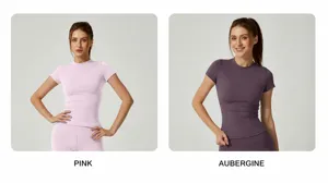 Detailed comparison of pink and aubergine women's quick-dry tight yoga sport t-shirts