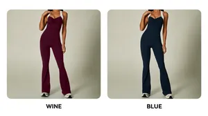 Side-by-side view of sleeveless V-neck yoga jumpsuit in wine red and navy blue colors