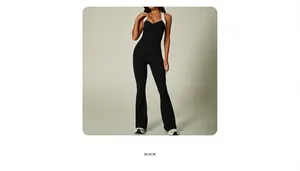 Detail view of the black flared yoga jumpsuit with a stylish color-block halter neck design