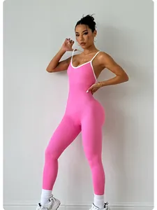 Body da yoga rosa a coste senza cuciture con bordo bianco per fitness e sport all'aperto