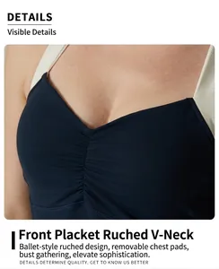 Detail close-up of a V-neck yoga bodysuit featuring ruched front and white straps