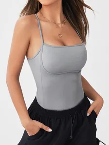 Women Seamless Knitted Yoga Bodysuit Square Neck Spaghetti Strap Ribbed Slimming Workout Jumpsuit Cross Back Gym Romper Set