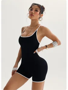 Slim fit athletic yoga bodysuit for women featuring elegant white piping details