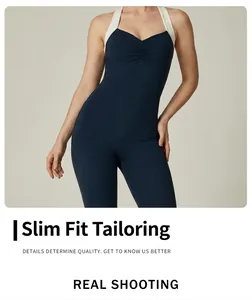 Detail of navy blue color-block halter yoga jumpsuit with elegant ruched V-neck design