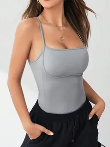 Grey seamless ribbed yoga bodysuit for women, sleeveless one-piece athletic fitness suit