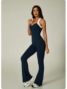 Detailed view of women's color-block yoga jumpsuit with flared legs and V-neckline