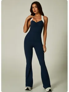 Full view of navy blue color-block flared jumpsuit for yoga and fitness sessions