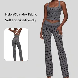 Damen Polka Dot Neckholder Top Und Bottom Set Bedruckte Crisscross Rücken Yoga Schlaghose Zweiteiliges Sportliches Activewear Set