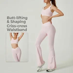 Pink yoga set with crossover high waist flared leggings and diamond neck sports bra