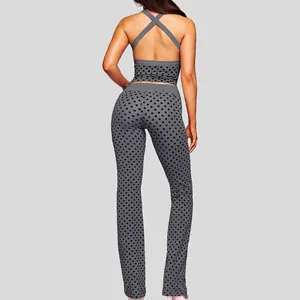 Graues Polka-Dot-Yoga-Set mit Cross-Back-Neckholder-Top und Schlaghose für Sport