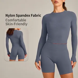 Damen Nahtloses Yoga-Set Langarm-Oberteil Und Shorts Hohe Taille Gerippte Workout-Outfits Daumenloch Sport-Fitness-Anzug