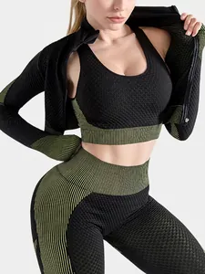 Set da Yoga 3 Pezzi Donna in Maglia a Nido d'Ape Senza Cuciture Con Giacca Con Cerniera Reggiseno Sportivo Leggings a Vita Alta Tute Sportive