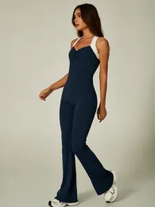 Navy blue colorblock sleeveless backless flare leg jumpsuit workout yoga wear for women