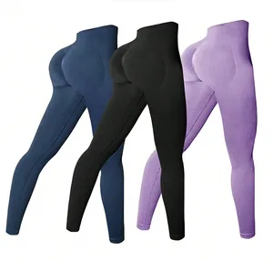 High-waist seamless compression yoga leggings in navy, black, and lavender purple colors