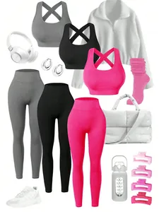 Detailed view of high-waist yoga sets in grey, black, and pink with sports accessories
