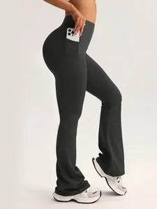 High-waisted black flared yoga pants with convenient side phone pocket for women's fitness