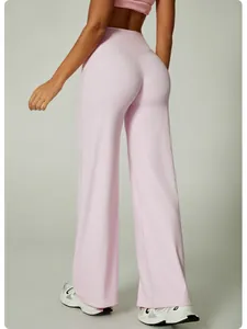 Rückansicht rosa High-Waist Yoga-Hose mit weitem Bein für sportliche Freizeit