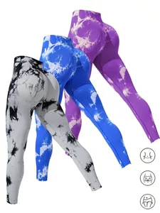 Three pairs of seamless high-waist tie-dye butt-lifting yoga leggings for women