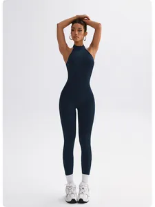 Elegant sleeveless halter neck yoga jumpsuit with backless design in deep navy blue