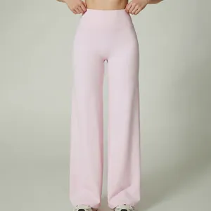 Hoch taillierte Yoga-Hose mit weitem Bein in Hellrosa, lässige Sporthose für Damen.