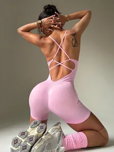 Damen Gerippt Yoga Romper Überkreuzter Rücken Activewear Einteilig Jumpsuit Scrunch Butt Gym Workout Nahtlos Eng Kurz Spielanzug