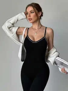 Combinaison de Sport Sexy Dos Nu à Sangles Croisées pour Femmes Yoga Jumpsuit Nylon Élasthanne Passepoil Contrasté Fitness