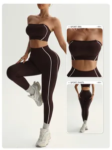 Detail view of a brown seamless yoga set with white contrast piping and tube top design.