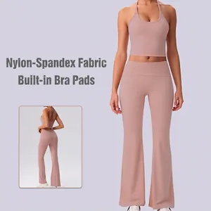 Damen Neckholder Yoga Set Hohe Taille Ausgestellte Hose Zweiteiler Naked-Feel Sportanzug Für Fitness Yoga Laufen Top Und Bottom