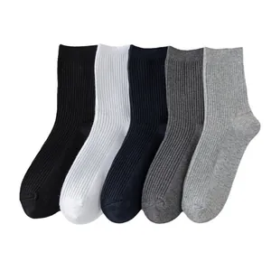 Set of 5 premium breathable men's crew socks in classic black, white, and gray tones