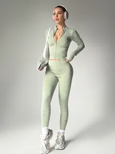 Set yoga a coste 2 pezzi da donna con giacca con zip a maniche lunghe e leggings a vita alta