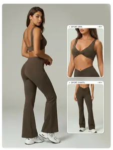 Detailed layout of olive green sports set showing twist bra and high waist flare pants