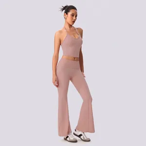 Premium-Set aus Neckholder-Top und ausgestellter Yogahose mit hoher Taille in Altrosa