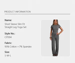Product detail card for sports yoga set with short sleeves and straight pants