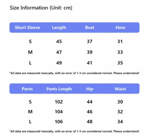 Size guide and measurement chart for outdoor sports yoga set with short sleeve top and pants