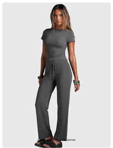 Charcoal grey short-sleeve top and straight-leg pants yoga fitness set for women