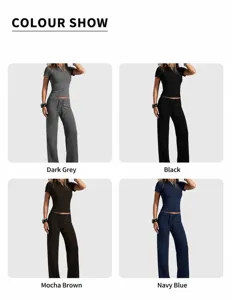 Color display of four variants of a short-sleeve yoga set with straight-leg pants