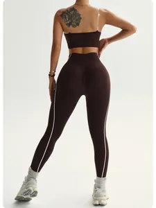 Back view of chocolate brown seamless high-waist yoga leggings with side stripes