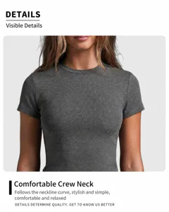 Close-up of dark grey ribbed short sleeve yoga t-shirt with comfortable round neck