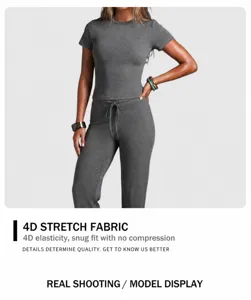 Detail view of a grey high-elastic yoga set on a model showing the premium fabric texture