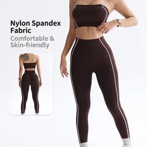 Women Seamless Yoga Set Contrast Color Strapless Tube Top And High Waist Shaping Butt Lifting Leggings Two Piece Sportswear