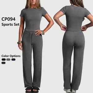 Women Casual Short Sleeve Top And Straight Leg Pants Yoga Fitness Set Slim Fit Viscose Moisture Wicking Sportswear Suit